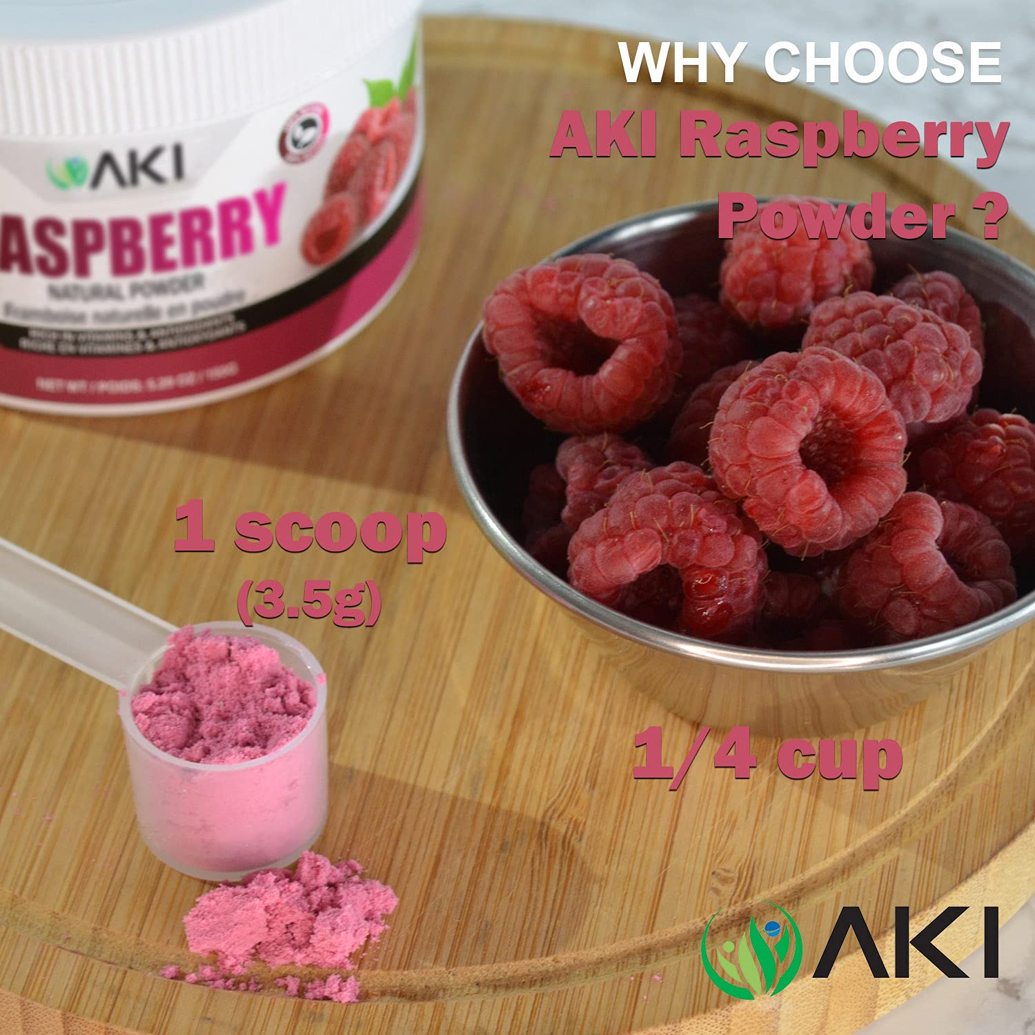 AKI – Polvo de frambuesa seca sin azúcar, ideal para hornear, saborizar, batidos, paletas, yogur, recetas con frambuesas (5.29 onzas5.29 oz)