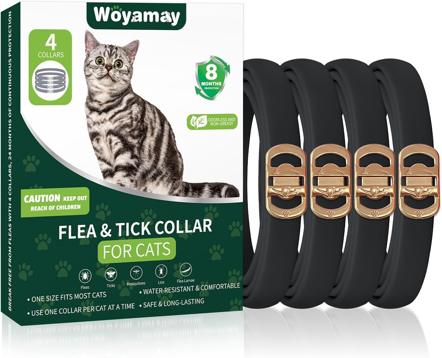 Paquete de 4 collares antipulgas para gatos, tratamiento de pulgas y garrapatas de gato, protección de 8 meses para prevención de pulgas y