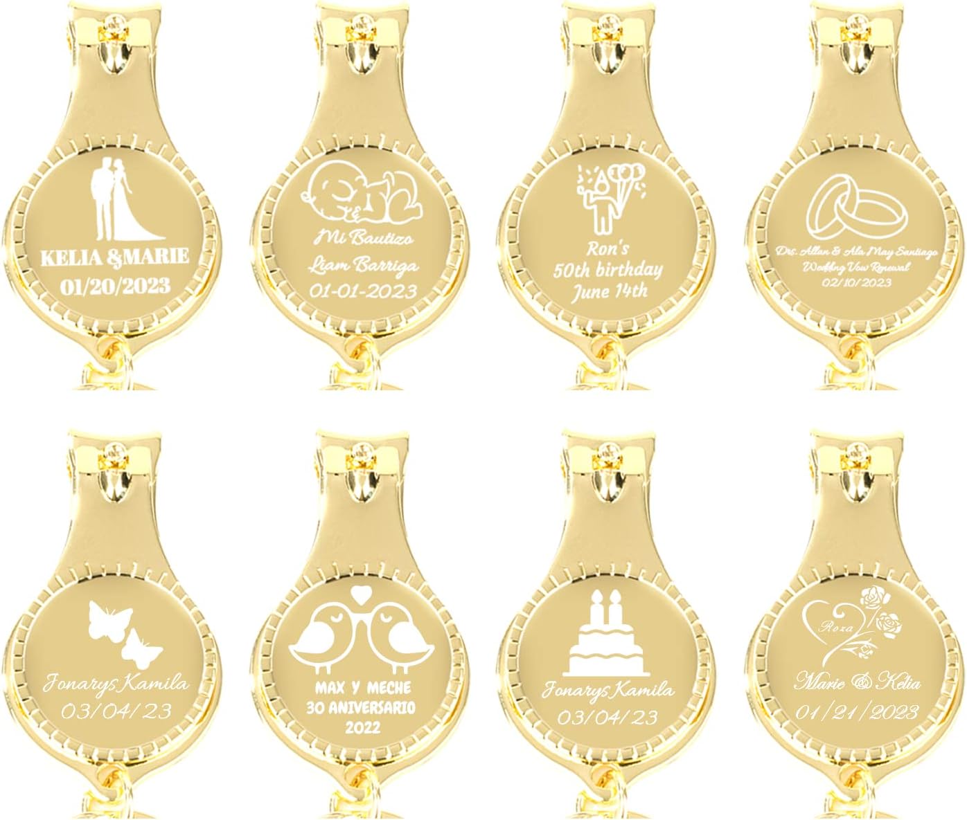 100 piezas de abrebotellas de oro personalizado llavero cortaúñas versátil y duradero, regalos privados personalizados para fiestas, bodas,