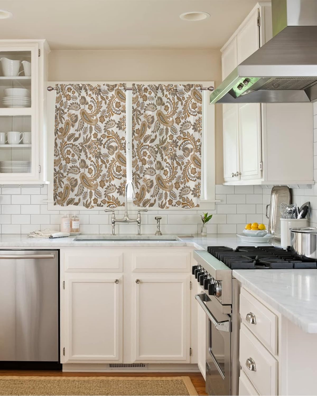 RisQiten Cortinas transparentes con estampado étnico de cachemira marrón para baño, juego de 2 paneles de 54 pulgadas de largo, cortinas de ventana