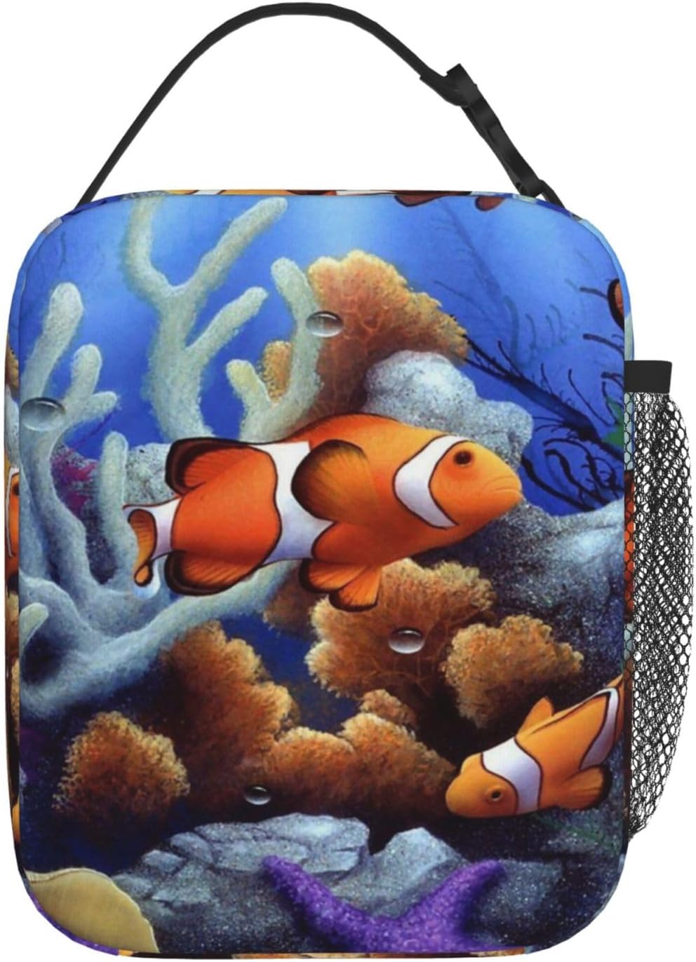 Lonchera con bolsillo lateral, bolsa suave aislada con diseño de peces payaso de dibujos animados, bolsa de almuerzo térmica para picnic de trabajo