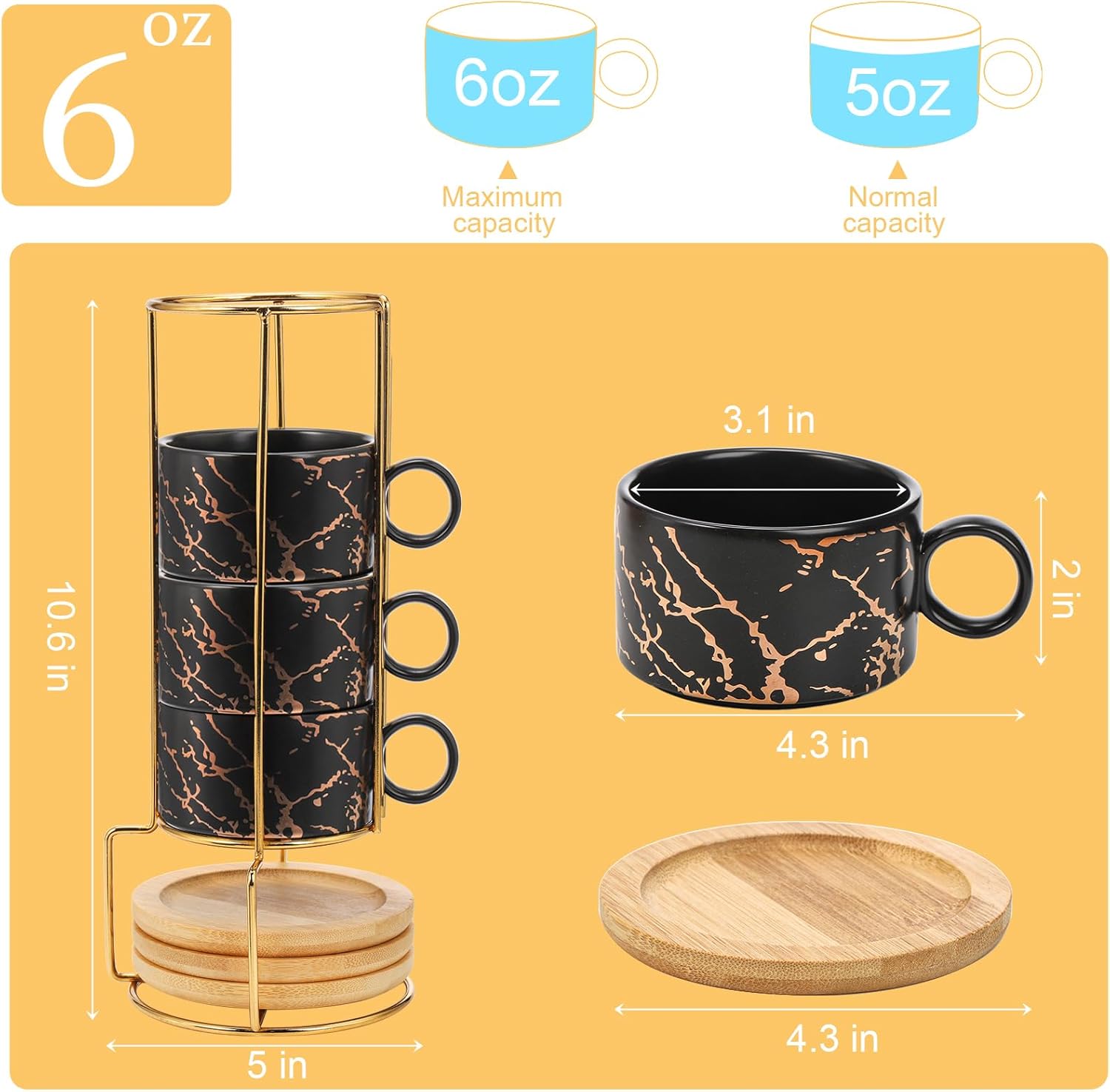 Peohud Juego de 4 tazas de café expreso con soporte de metal, 6 onzas apilables de capuchino con platillos, tazas de café demitasse de porcelana