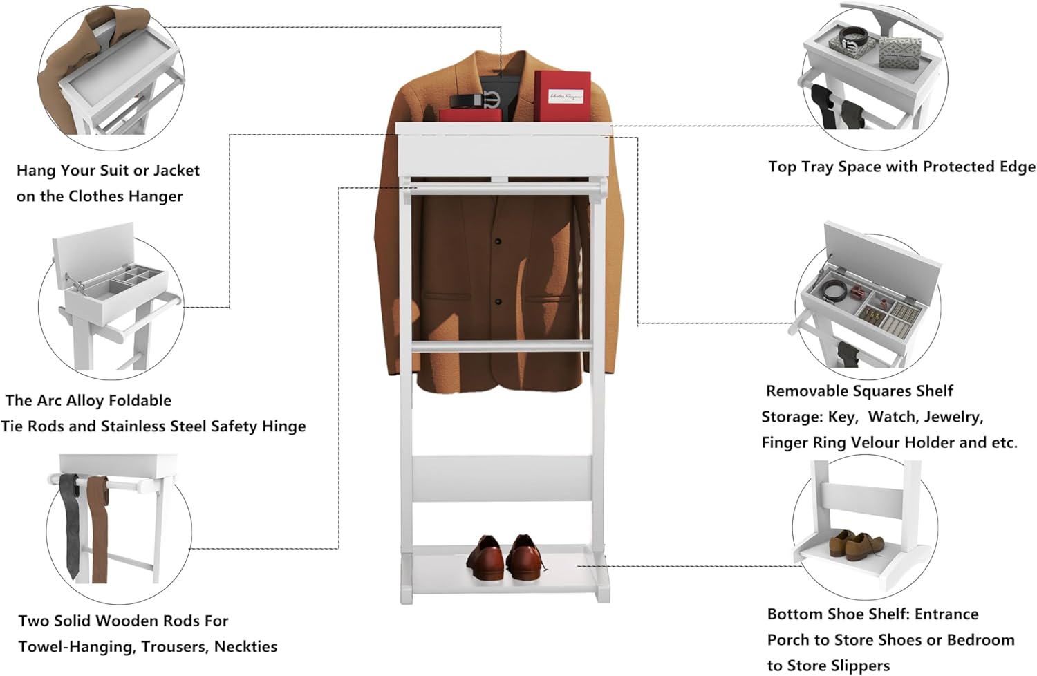 GLSCASA Soporte de valet para ropa, sombrero, organizador de almacenamiento, exhibición de pie, color blanco