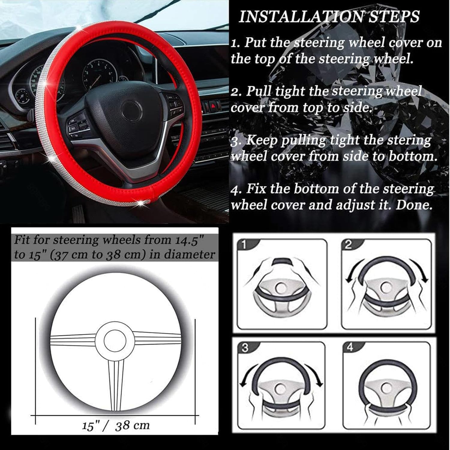 Funda para volante con purpurina, accesorios brillantes, universal de 15 pulgadas, se adapta a la mayoría de automóviles, SUV, camiones, minivans,