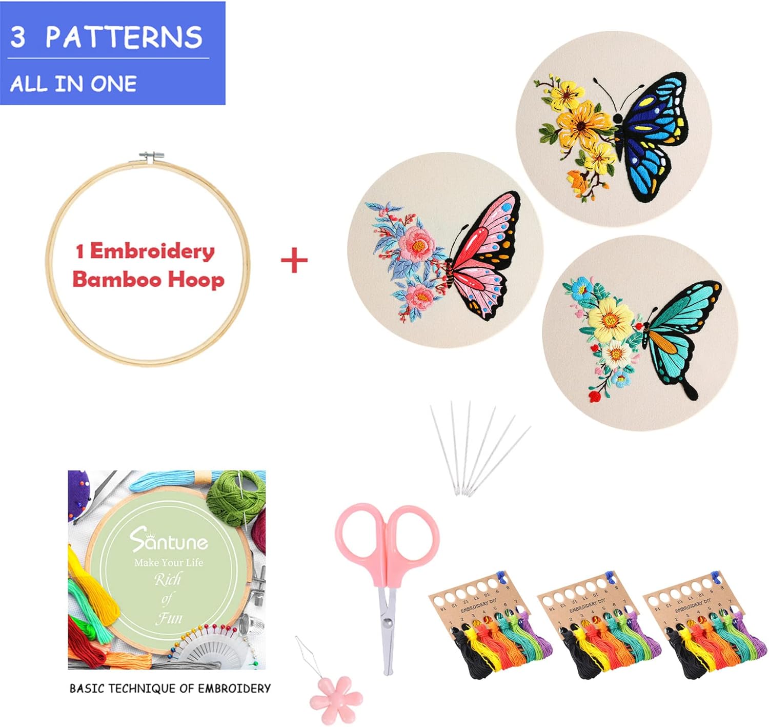 Santune Kit de bordado para principiantes y adultos, kit de punto de cruz para principiantes, bordado a mano con patrones de mariposas e