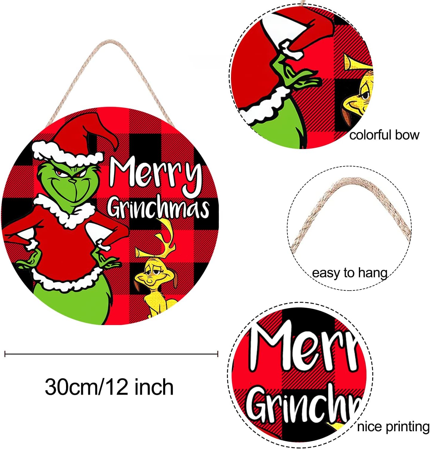 Corona de Navidad, corona de Feliz Grinchmas para puerta delantera, decoraciones de Navidad, letreros de puerta de madera, decoración del hogar para