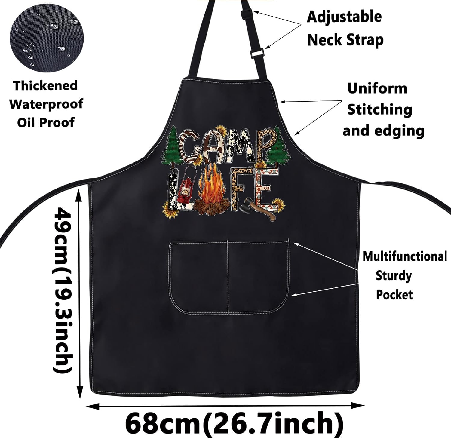 WZMPA Delantal de campamento con bolsillos, delantal de cocina para campamento, regalos para campistas, delantal ajustable para amantes de los
