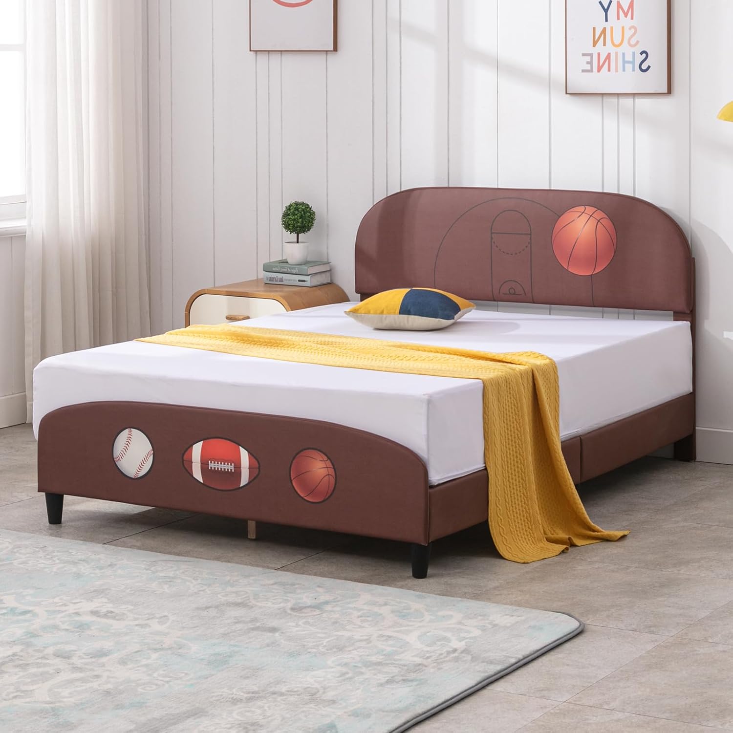 Zafly – Marco de cama matrimonial para niños, marco de cama tapizado de madera con soporte de listones, marco de cama para niños con cabecera
