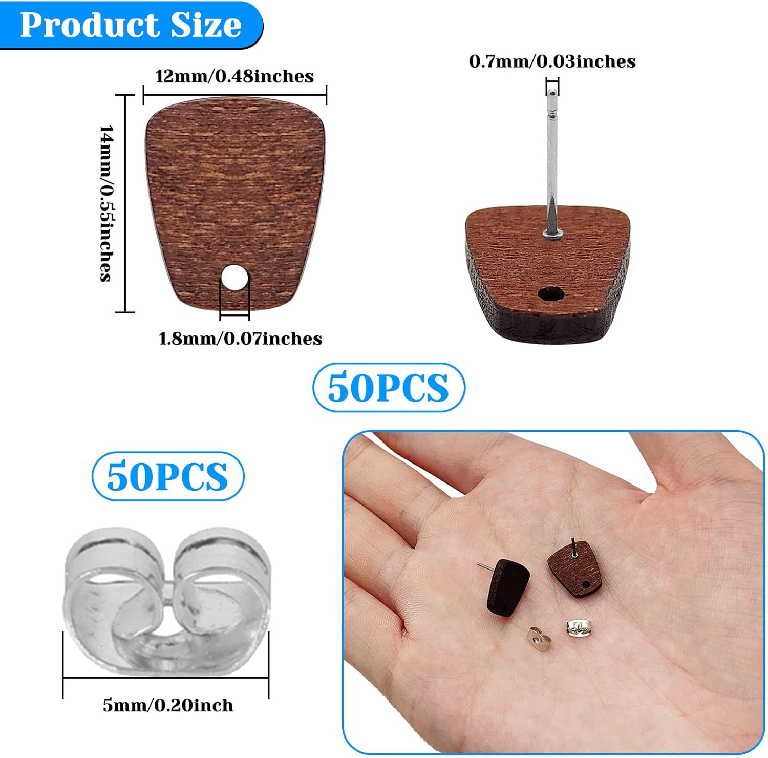 100 aretes de madera para hacer joyas, de madera de nogal, aretes de madera de nogal, hallazgos, aretes con bucle, trapezoidales, aretes de madera