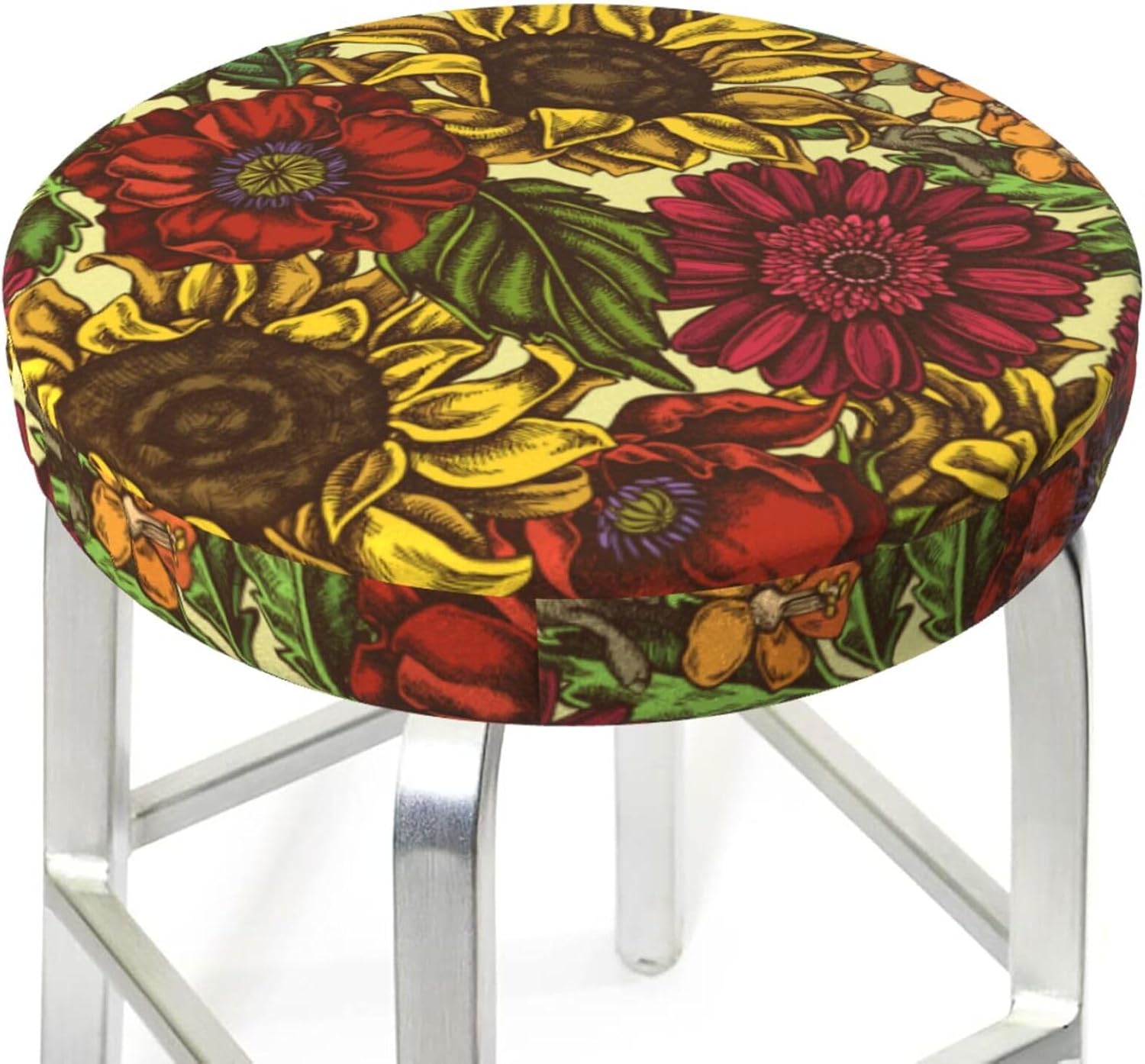 Funda redonda para taburete de bar de girasol, cojín de asiento con parte inferior elástica, lavable y antideslizante, para taburete de bar, funda