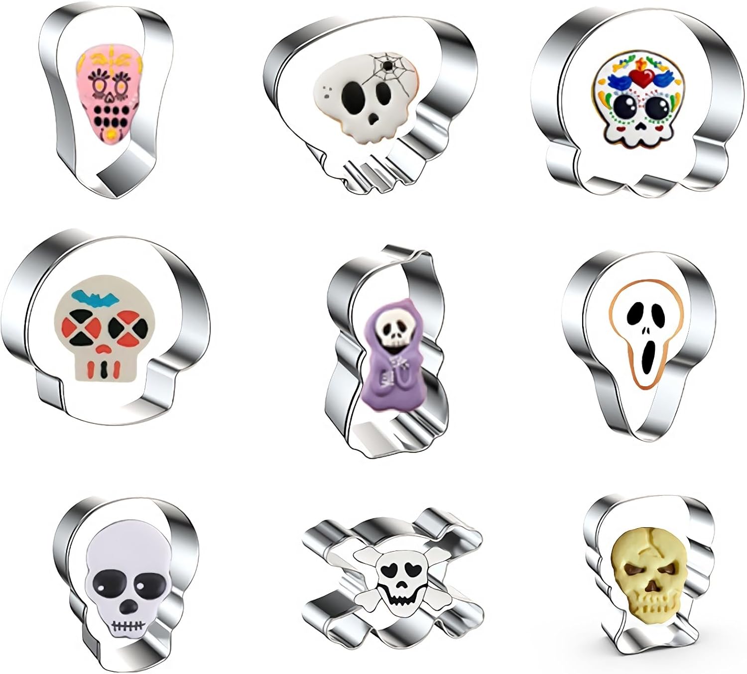 Juego de cortadores de galletas con forma de calavera, molde para galletas con temática de Halloween el Día de los Muertos, 9 piezas de acero