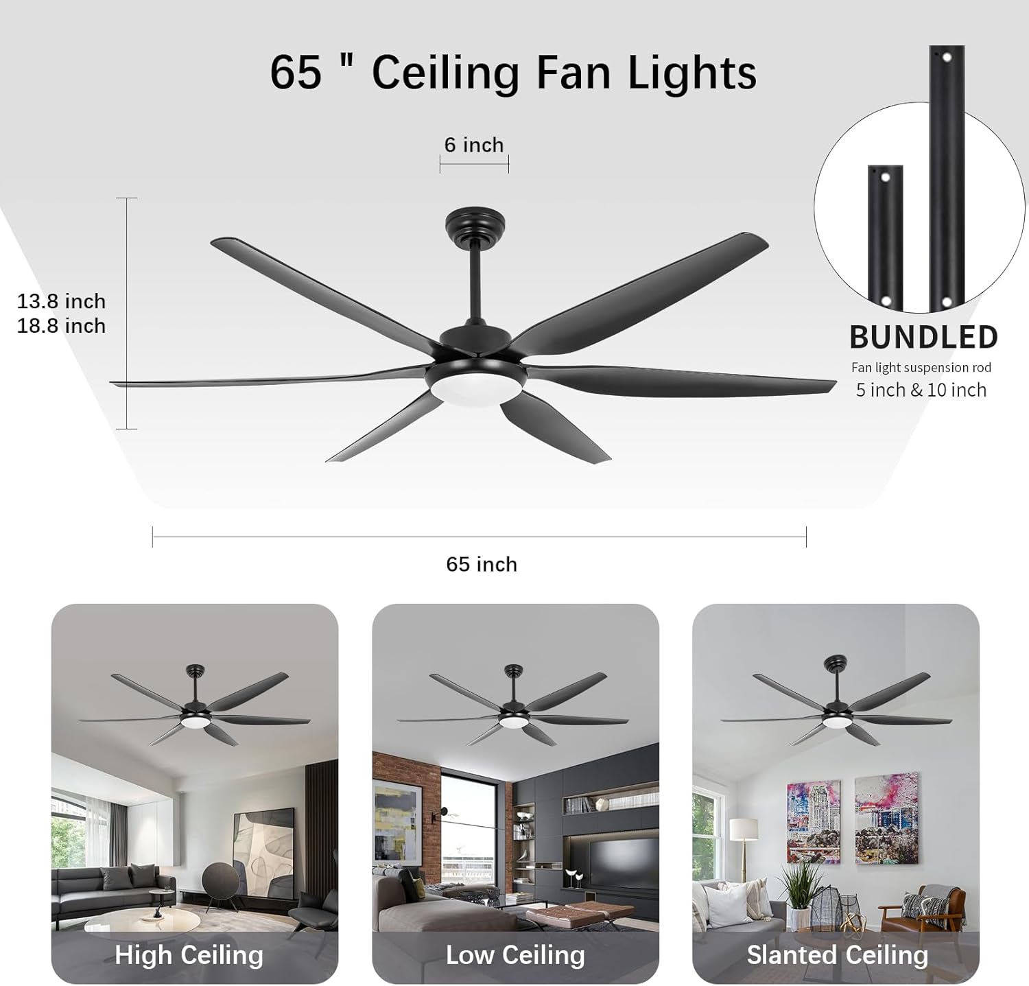Wozzio Ventilador de techo de 65 pulgadas con luces y control remoto, 6 cuchillas, reversible, motor CC silencioso de 6 velocidades, ventilador de