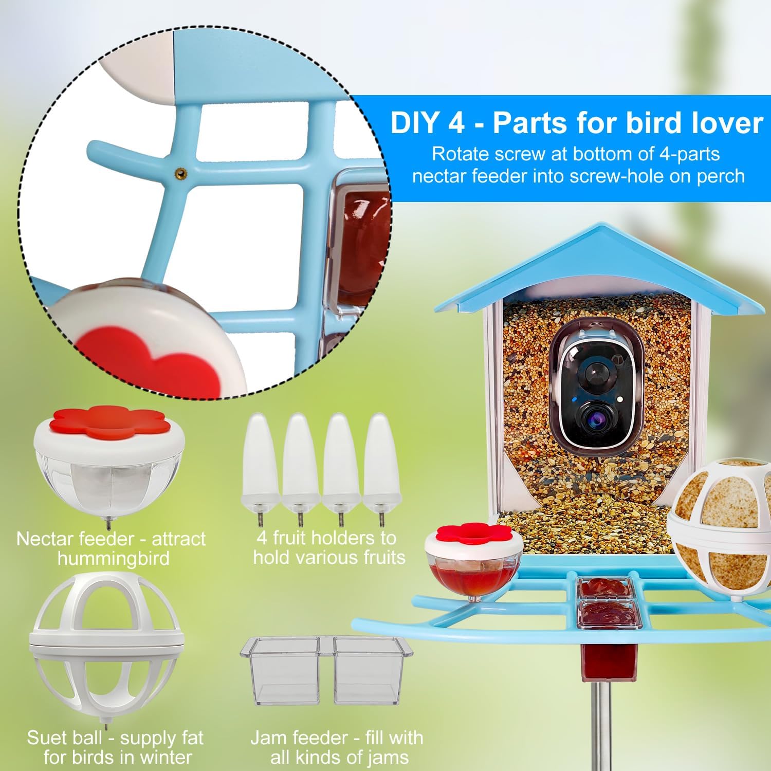 Comedero inteligente para pájaros con cámara alimentada por energía solar, video en vivo HD de 1080P y reproducción en teléfono, identificación AI