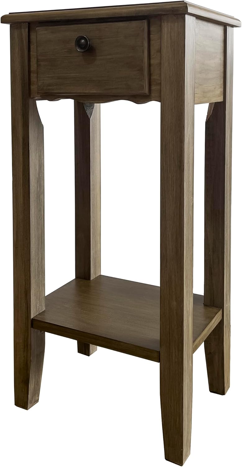 Mesa auxiliar estrecha pequeña con cajón y estante de madera sólida para sofá, mesa auxiliar delgada para mesita de noche para espacios pequeños,