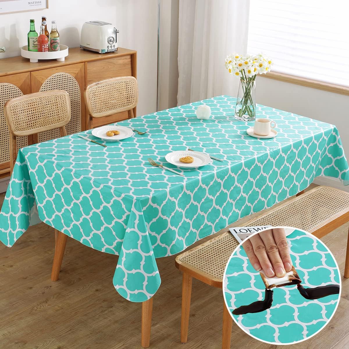 SASTYBALE Mantel rectangular de vinilo con reverso de franela, 100% impermeable y resistente al aceite, mantel de mesa resistente para mesa de