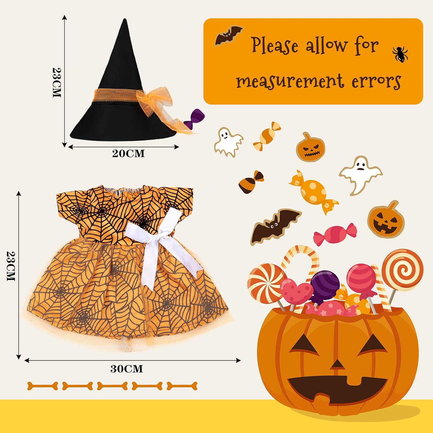 Jenaai 2 juegos de ropa de muñeca de Halloween de 18 pulgadas, disfraz de bruja y calabaza, incluye sombreros de bruja, zapatos, farol, bolsa de