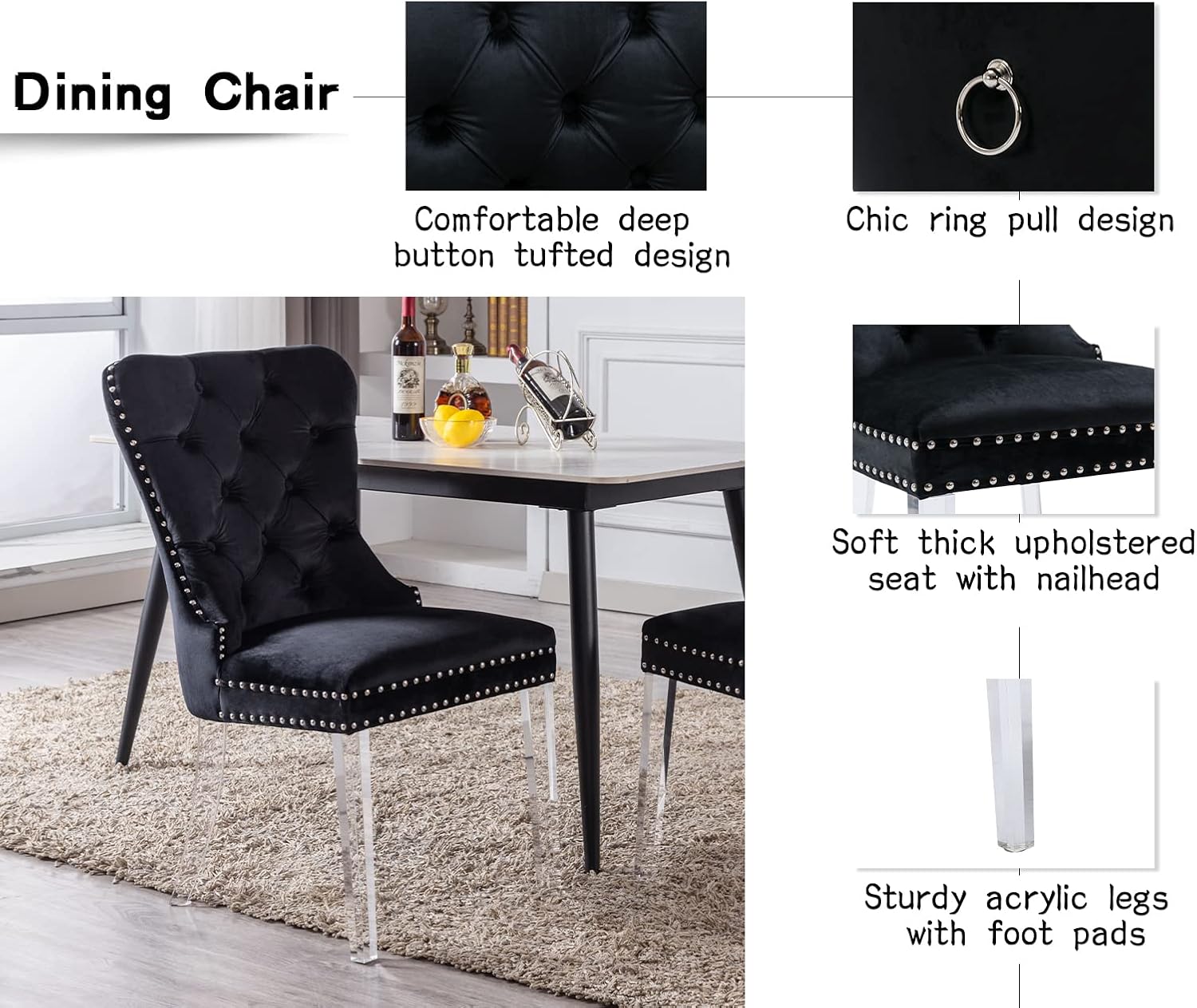 chairus Juego de 2 sillas de comedor modernas de terciopelo Parsons con respaldo copetudo, sillas de sala de estar con patas de acrílico