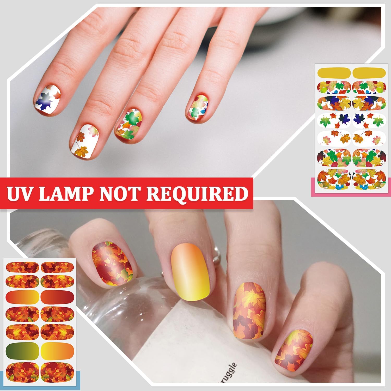 SILPECWEE 20 hojas de tiras de uñas de otoño para mujeres, calcomanías de esmalte de uñas de color sólido, tiras de esmalte de uñas autoadhesivas,