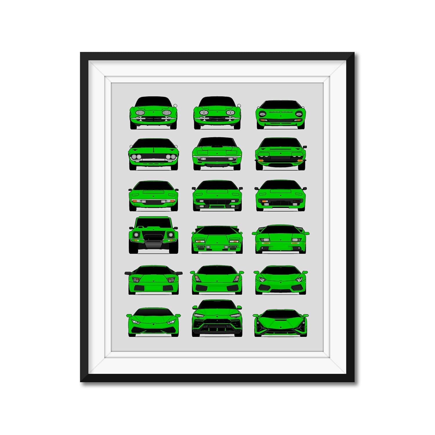 Lamborghini Generations Inspired Car Poster – Handmade Print of Lambo (Miura, Countach, Diablo, Aventador, Gallardo, Murcielago, Huracan, Urus) –