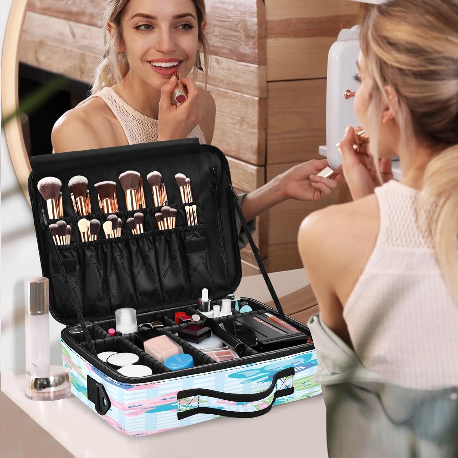 Elefante de dibujos animados a cuadros azul capacidad bolsa de cosméticos bolsa de aseo kit de viaje maquillaje bolsas de maquillaje mujeres bolsa