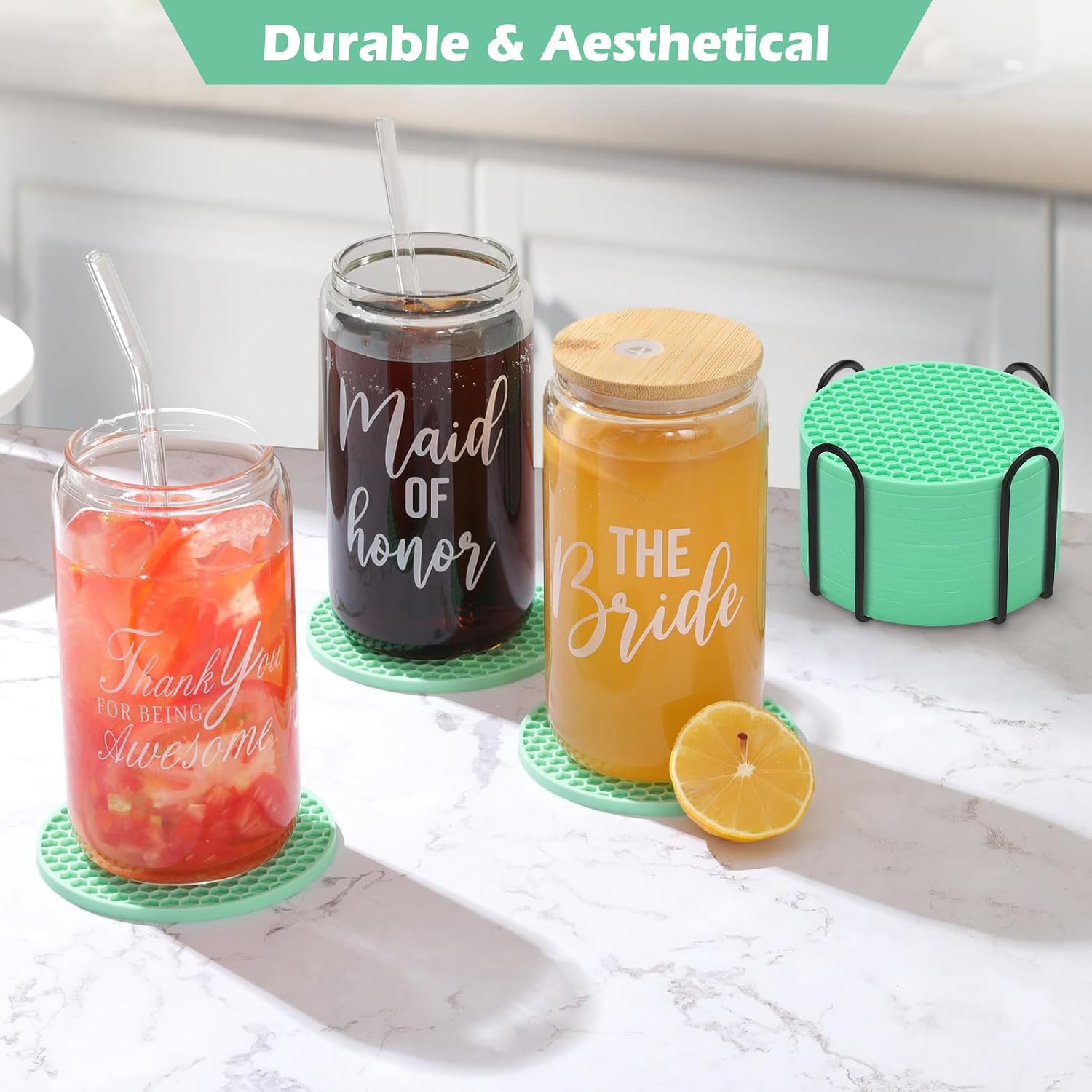 Juego de 8 posavasos de silicona con soporte, posavasos para bebidas, cerveza, café, adecuados para tipos de tazas, calientes o fríos,