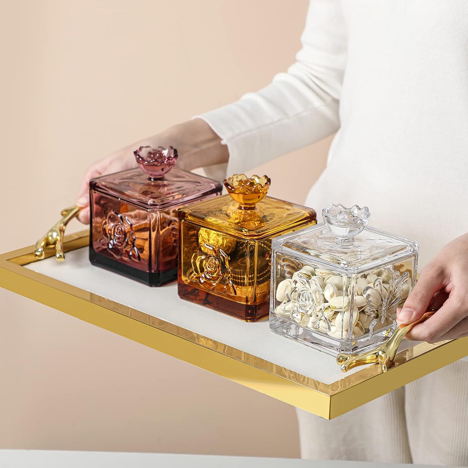 Tarro de cristal en relieve con tapa, juego de 2 joyeros decorativos coloridos, para boda, dulces, bufé, tarro de almacenamiento de cocina, para