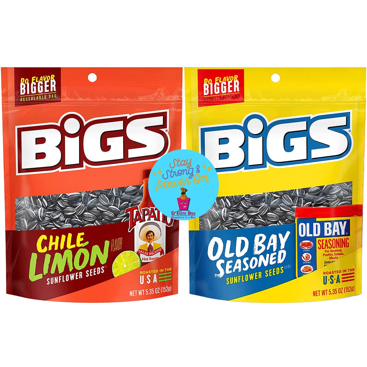D’Elite Box Paquete variado de semillas de girasol, paquete de 2 sabores, combo BIGS Chile Limon y Old Bay Seasoning, bolsas de 5.35 onzas cada una,