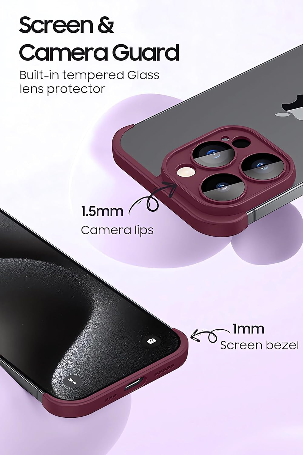 LEKEVO Funda sin marco para iPhone 15 Pro Max con protector de lente de cámara, funda delgada de TPU suave a prueba de golpes, carcasa minimalista
