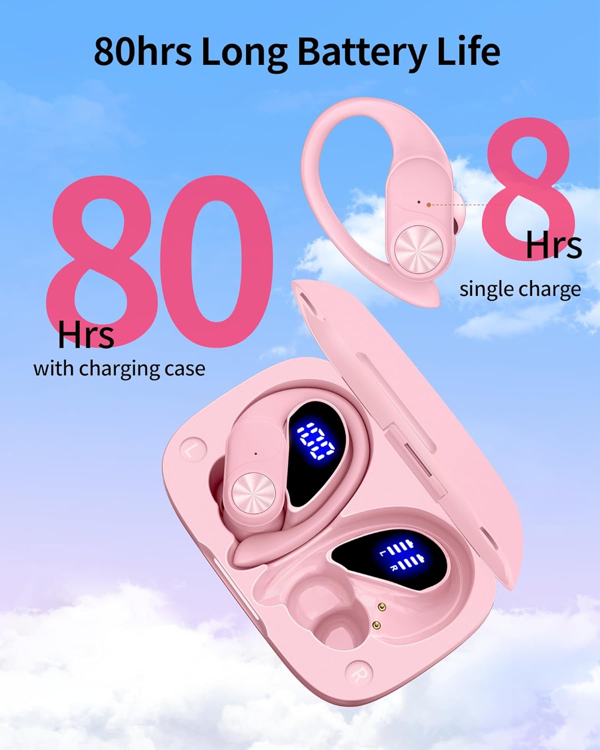 Auriculares Bluetooth inalámbricos 80 horas de reproducción, estuche de carga inalámbrica, pantalla digital, auriculares deportivos con gancho para