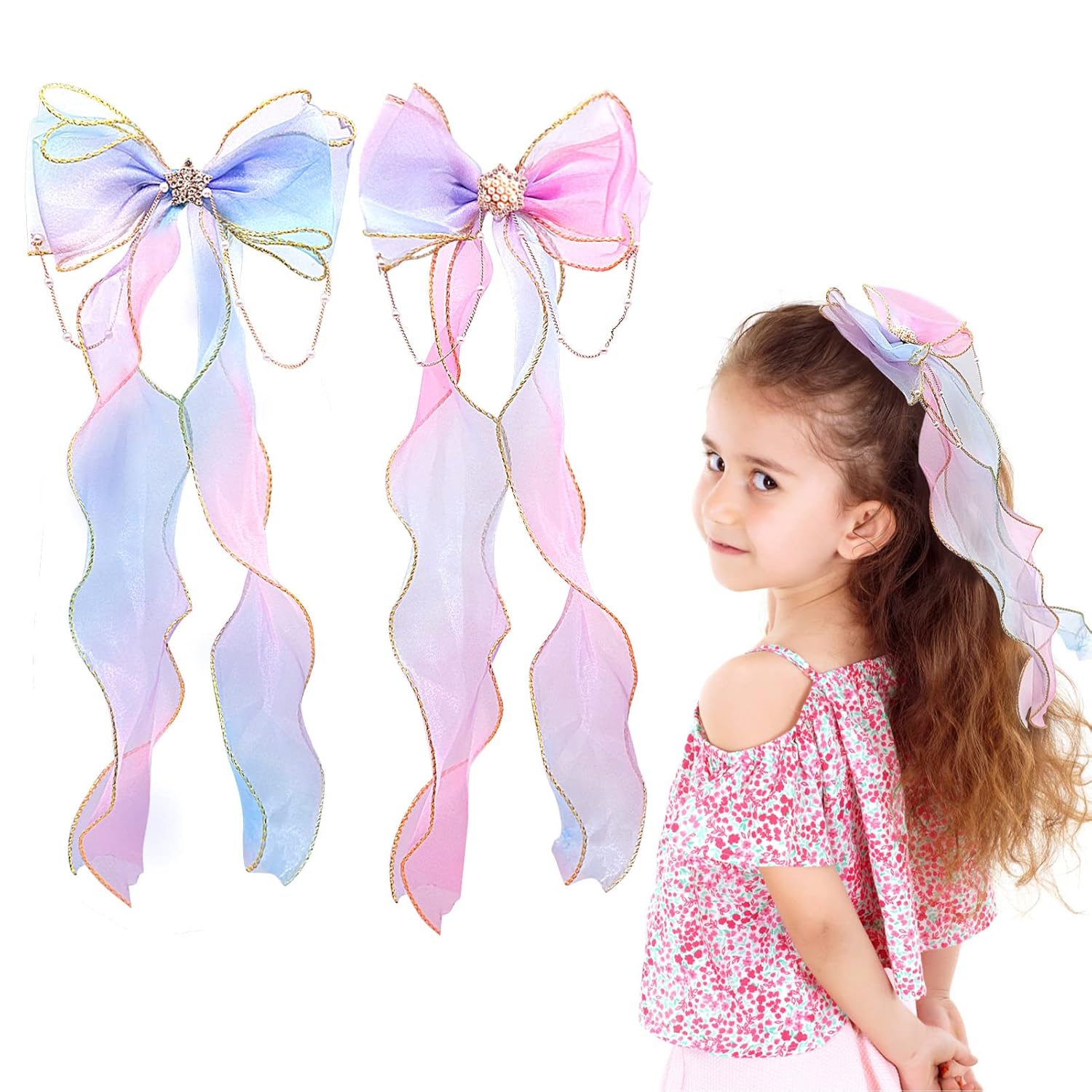 2 lazos para el pelo con cinta arcoíris para niñas, pasadores de pelo con lazo de princesa, lazos coloridos, pinzas de cocodrilo, accesorios para el