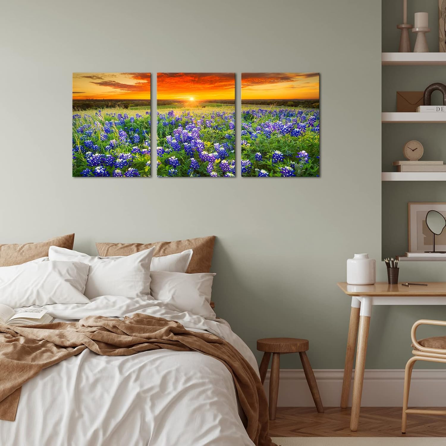 Nachic Wall Cuadro de 3 piezas de puesta de sol para pared, hermoso campo de arándanos de Texas, pintura fotográfica sobre lienzo, póster de paisaje