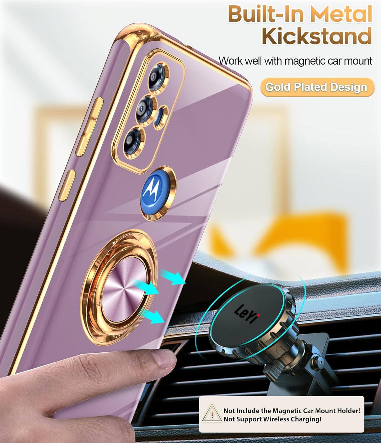 LeYi Funda para teléfono Moto G Play 2023 con protector de pantalla de vidrio templado (paquete de 2) Soporte de anillo giratorio de 360, soporte