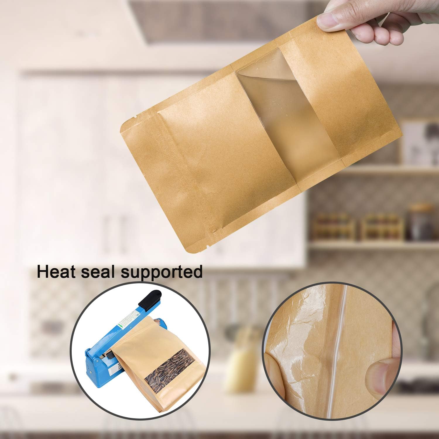 Bolsas de papel kraft de pie, reutilizables con cierre de cremallera y muesca transparente mate, bolsa de almacenamiento de alimentos resellable,