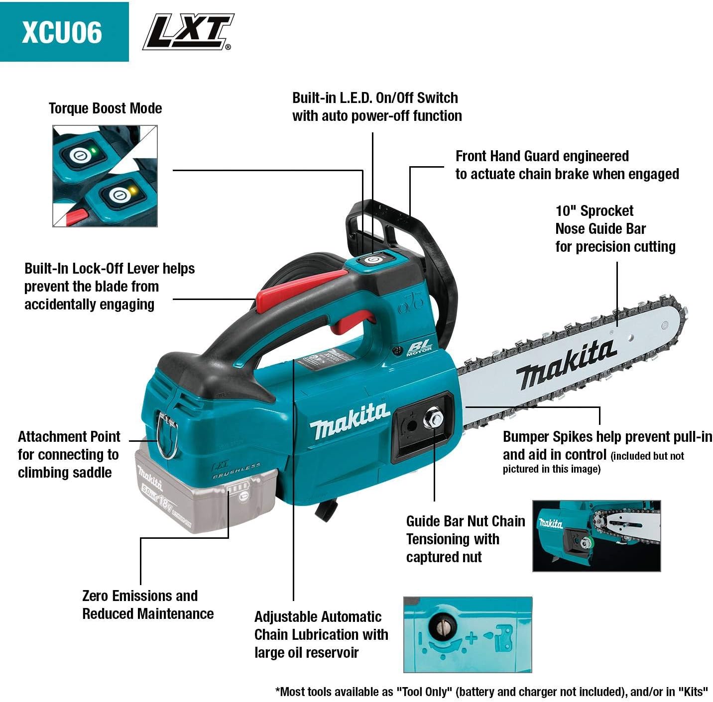 Makita XCU06SM1 – Kit de sierra de cadena de iones de litio sin escobillas de 10 pulgadas con mango superior (4.0Ah) con batería adicional BL1840B