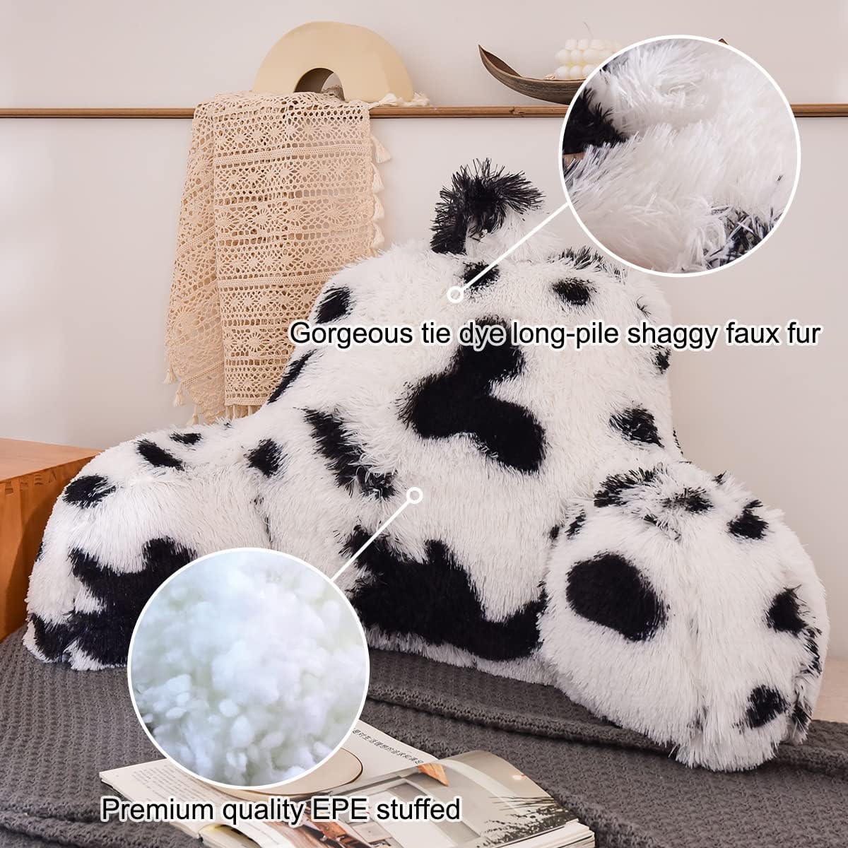 Holawakaka Almohada grande de piel sintética con brazos, almohadas de lectura con estampado de vaca peluda, perfectas para adultos, hombres,