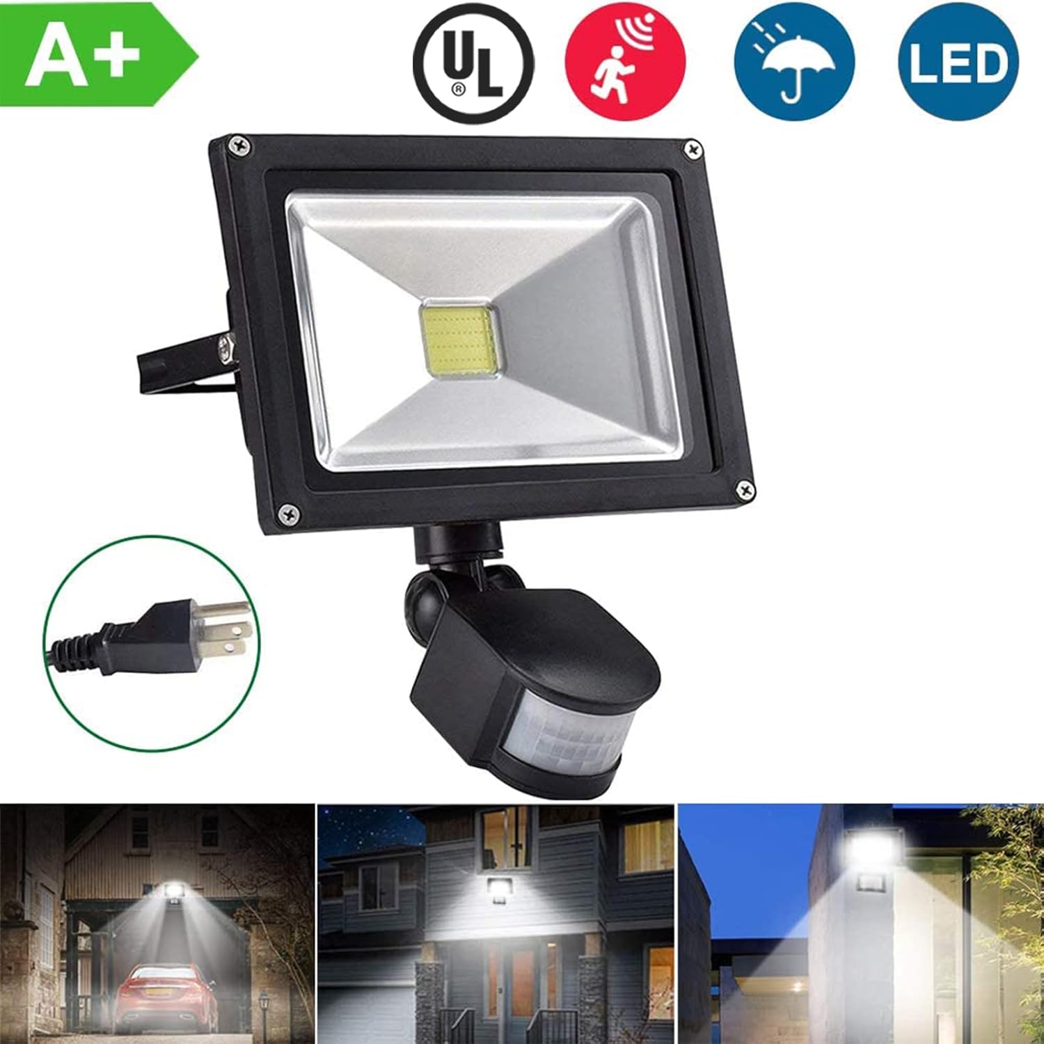 Luces de inundación LED con sensor de movimiento de 20 W para exteriores, lámpara de inducción PIR, luz inteligente, 6000 K, blanco frío,