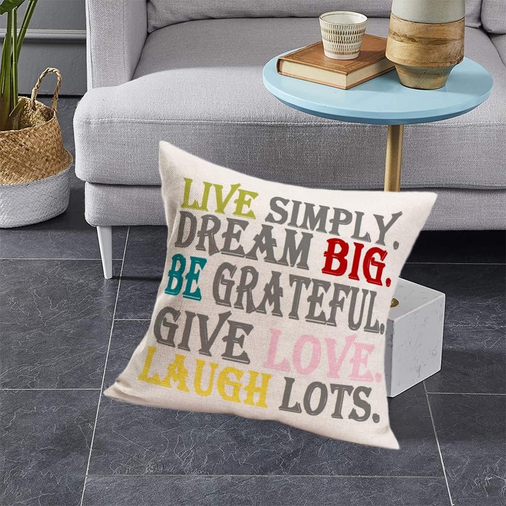 Doitely Funda de almohada colorida con citas inspiradoras, Live Simply Dream Big Be Greatful, Give Love Laugh Lots Simple Words, funda de cojín de