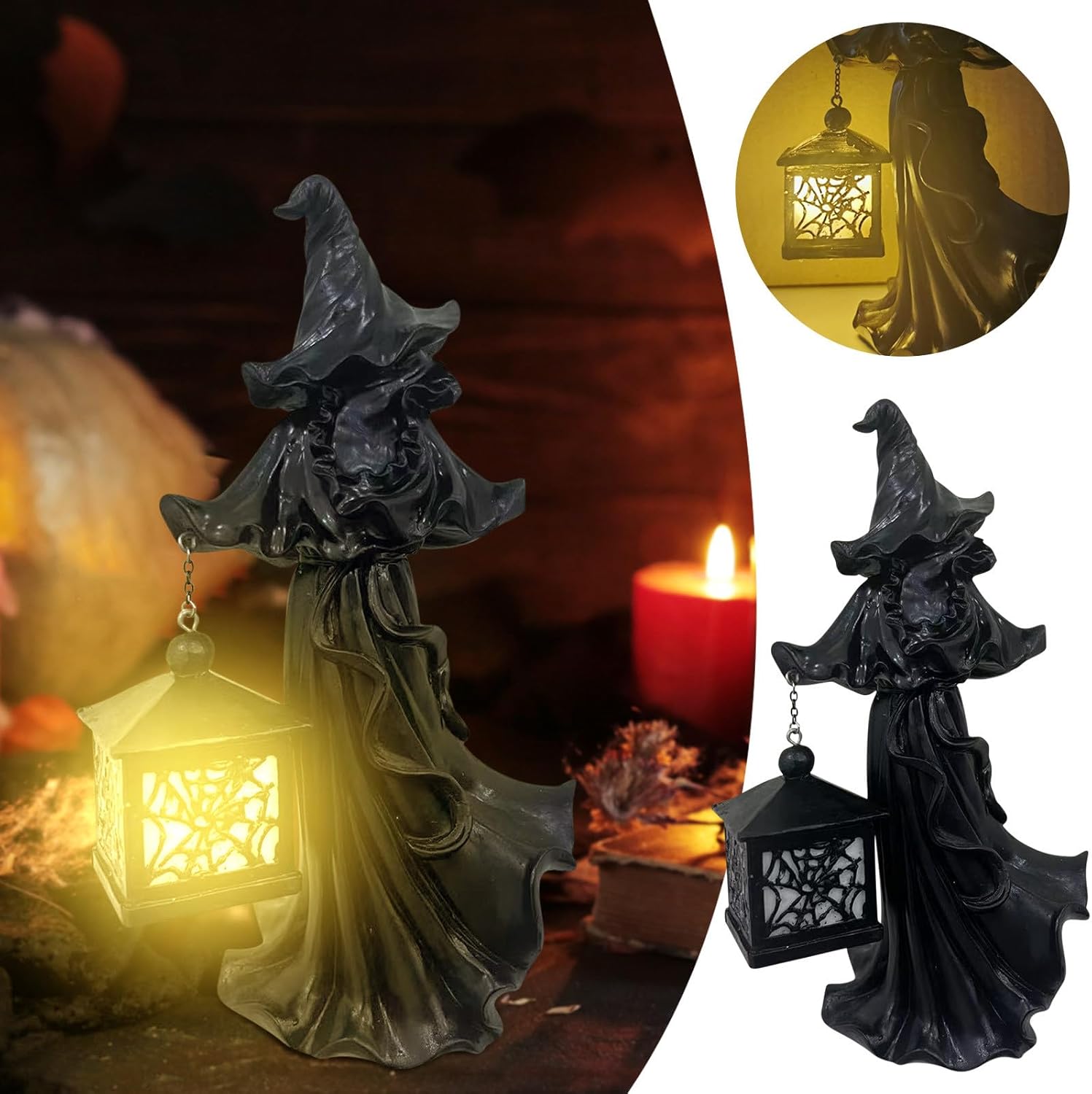 Bruja de Halloween 2023 con decoración de linterna LED, elegante figura de bruja de resina negra, mensajero del infierno aterrador con linterna,