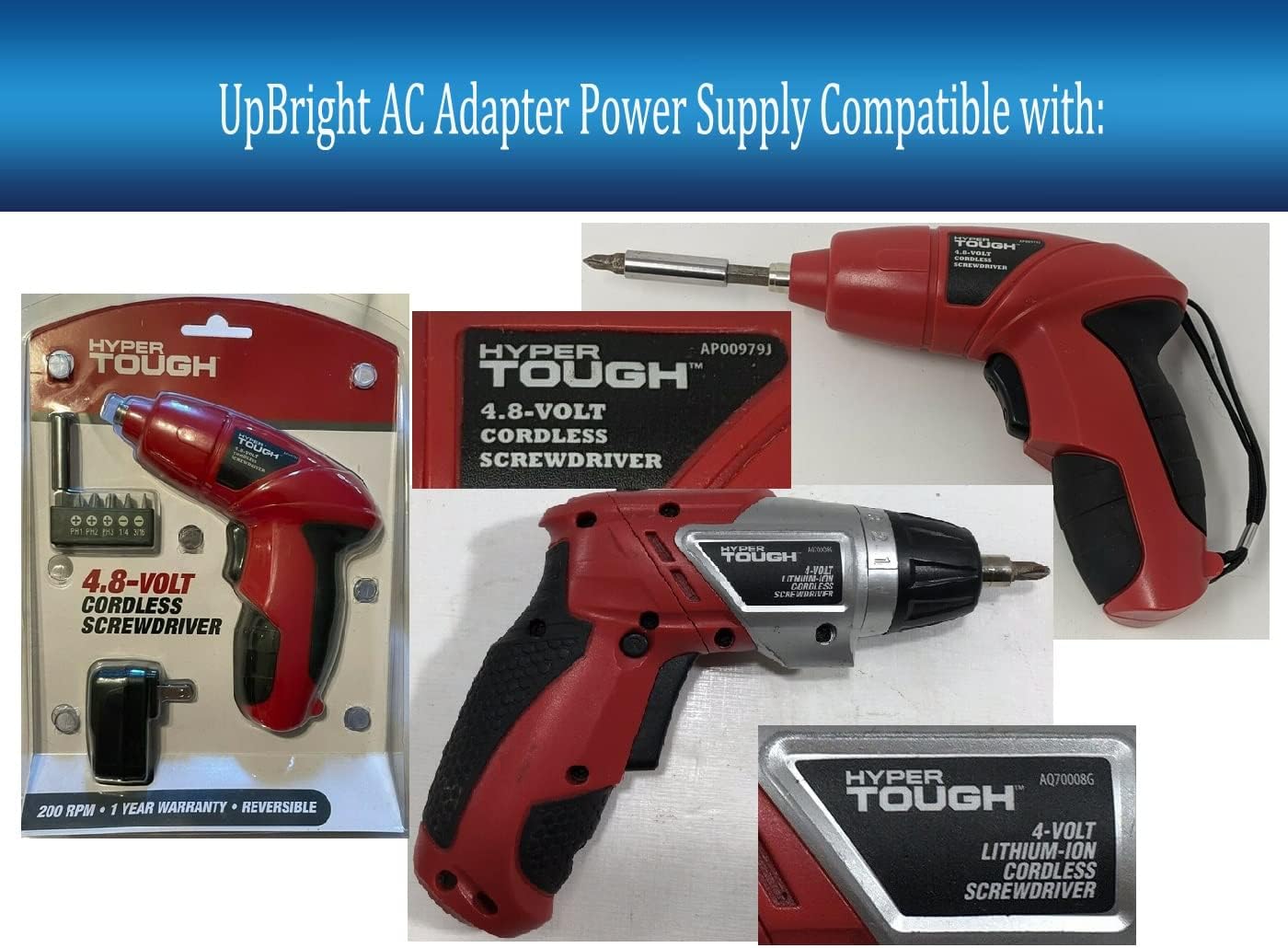 UpBright Adaptador de CA de 6 V compatible con Hyper Tough 4.8 voltios iones de litio 4.8 V 44216 AP00979J AQ70008G 4V Li batería destornillador