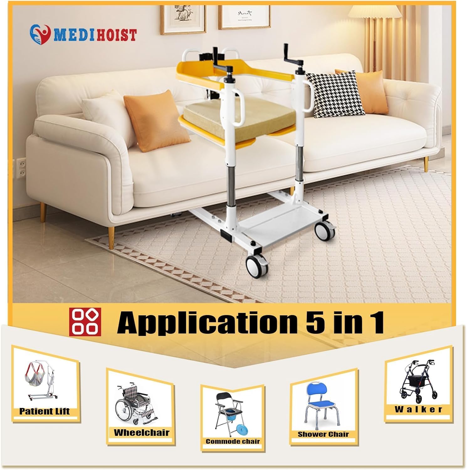 Silla de transferencia de paciente 5 en 1, versátil silla de ruedas para personas mayores, altura ajustable para el hogar y el hospital, ropa de
