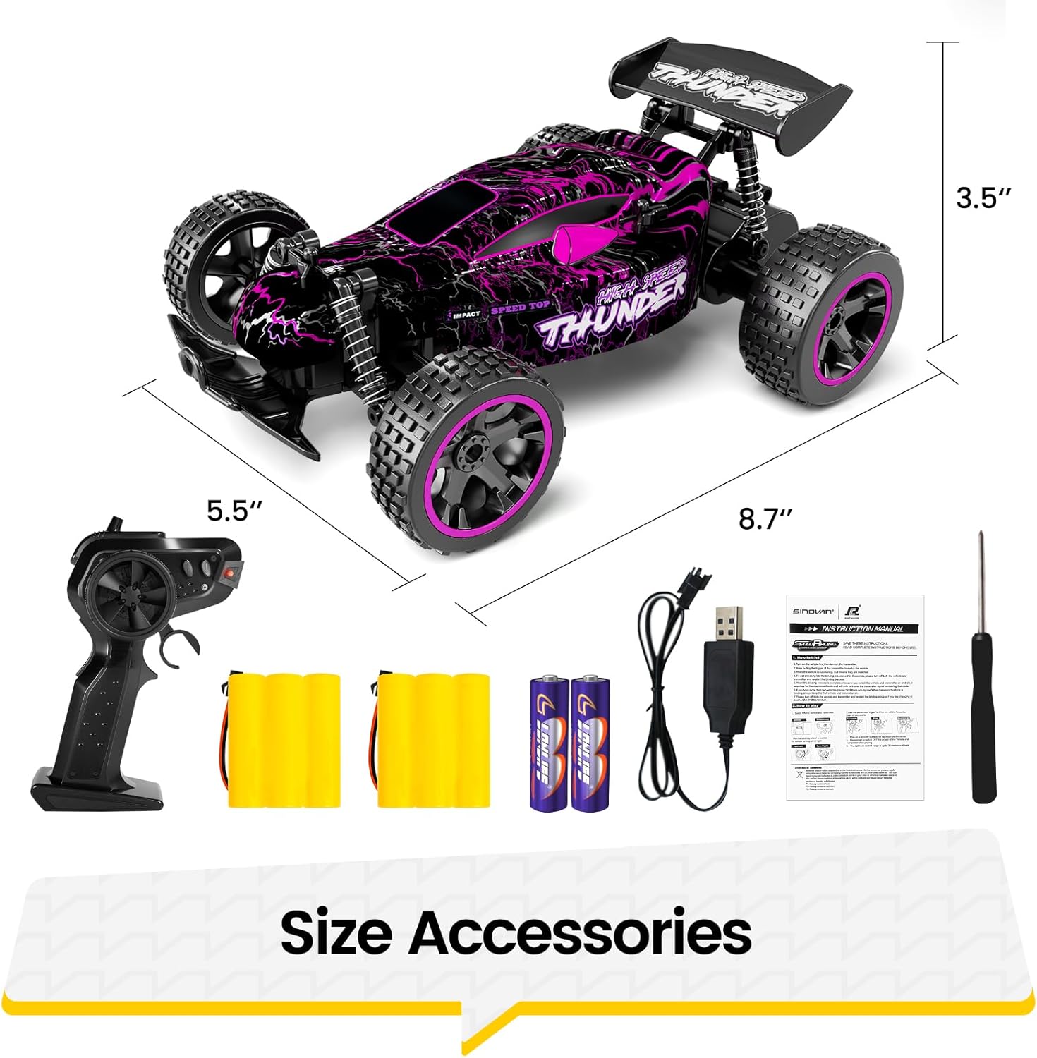 Tecnock Autos RC para niñas y niños, auto a control remoto a escala 118 con luces LED, 2.4 GHz 2WD todo terreno con 2 baterías recargables para