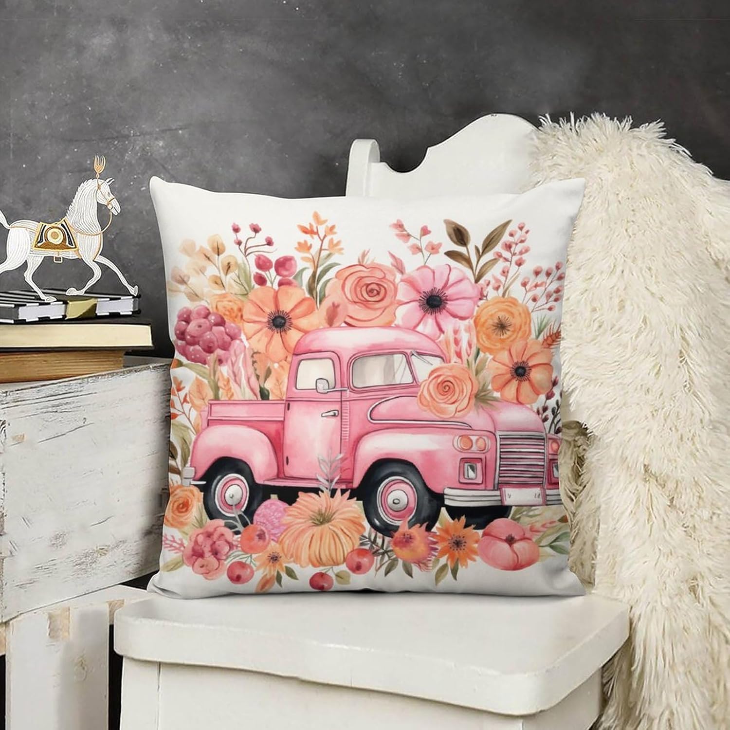 Fundas de almohada de 20 x 20 pulgadas, diseño de acuarela rosa con estampado de flores de calabaza y camión rosa, suave, estampado de doble cara,