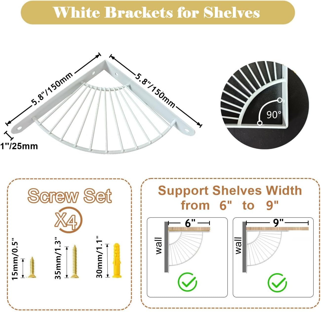 Soportes decorativos para estantes, soportes de metal de latón, decoración de pared, soporte moderno para estantes flotantes de bricolaje, blanco, 6
