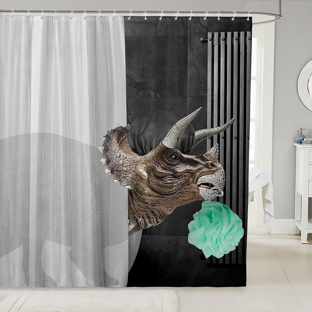 Cortina de ducha de dinosaurio con diseño de animales, divertida cortina de ducha de triceratops, cortina de ducha de animales grandes, decoración