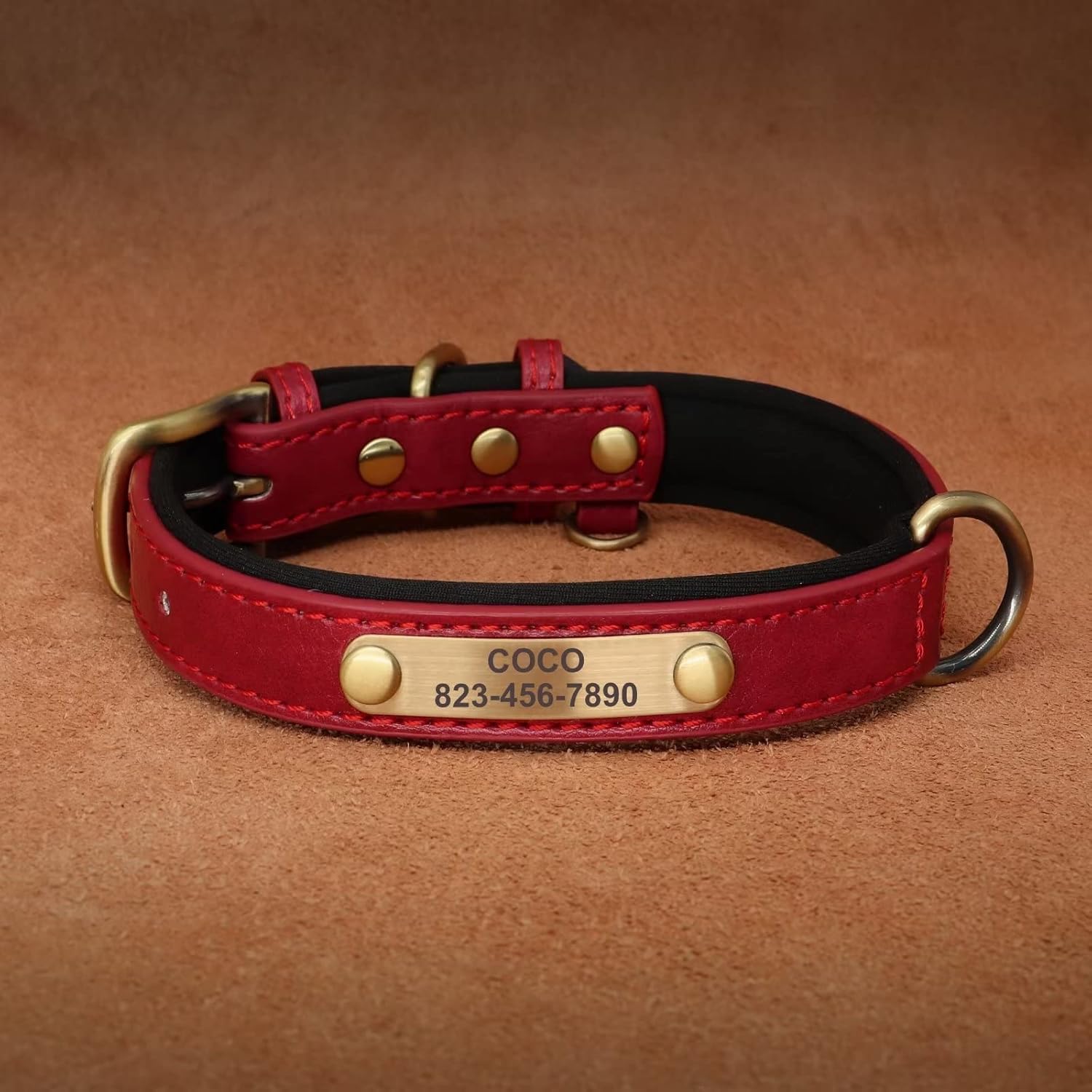 Didog Collar de perro de cuero personalizado para perros pequeños, medianos y grandes, collar de perro de cuero acolchado suave resistente con placa