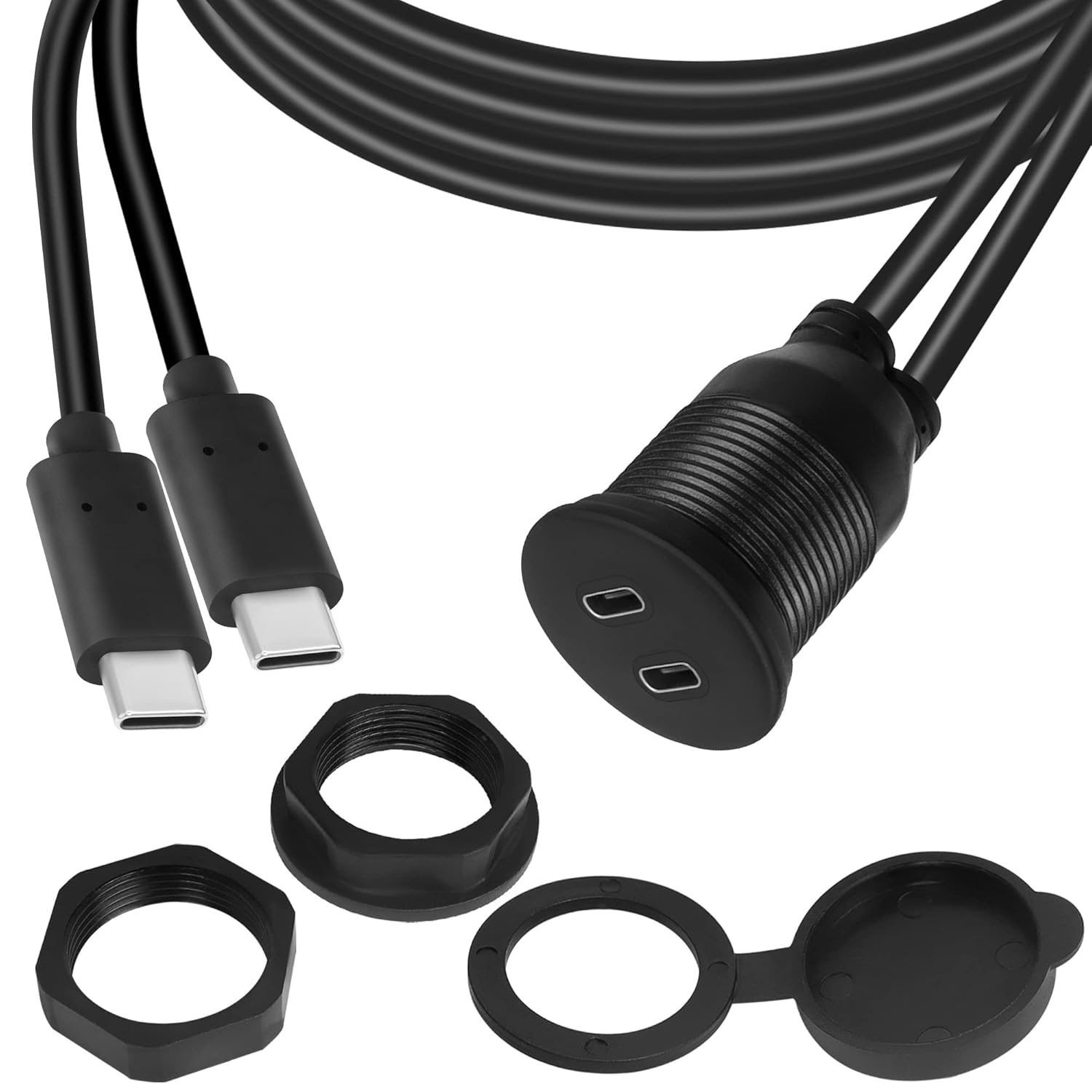 QIANRENON 2 USB C roscado montaje empotrado cable impermeable doble USB C 2.0 macho a hembra montaje en tablero de coche cable de extensión para
