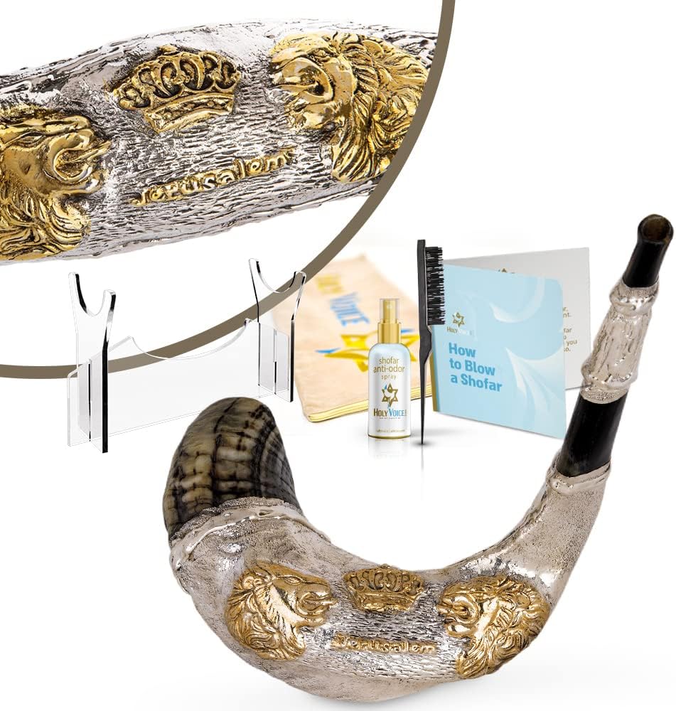 Holy Voice Shofar de decoración chapado en plata esterlina con soporte Shofar, bolsa de transporte, cepillo y spray antiolor, fabricado en Israel.