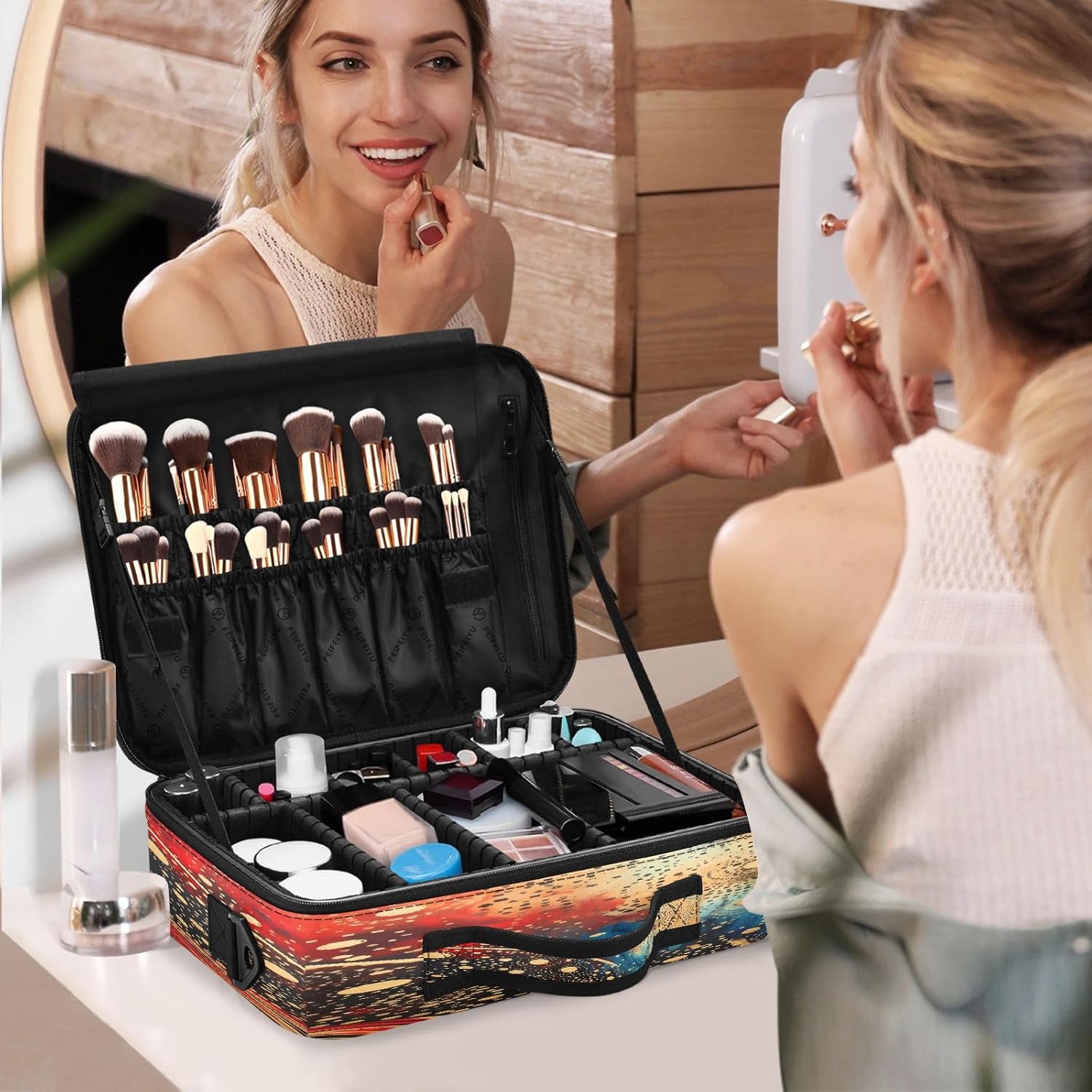 Círculo de arte colorido profesional cosmético portátil bolsa de almacenamiento organizador de maquillaje de gran capacidad organizador de