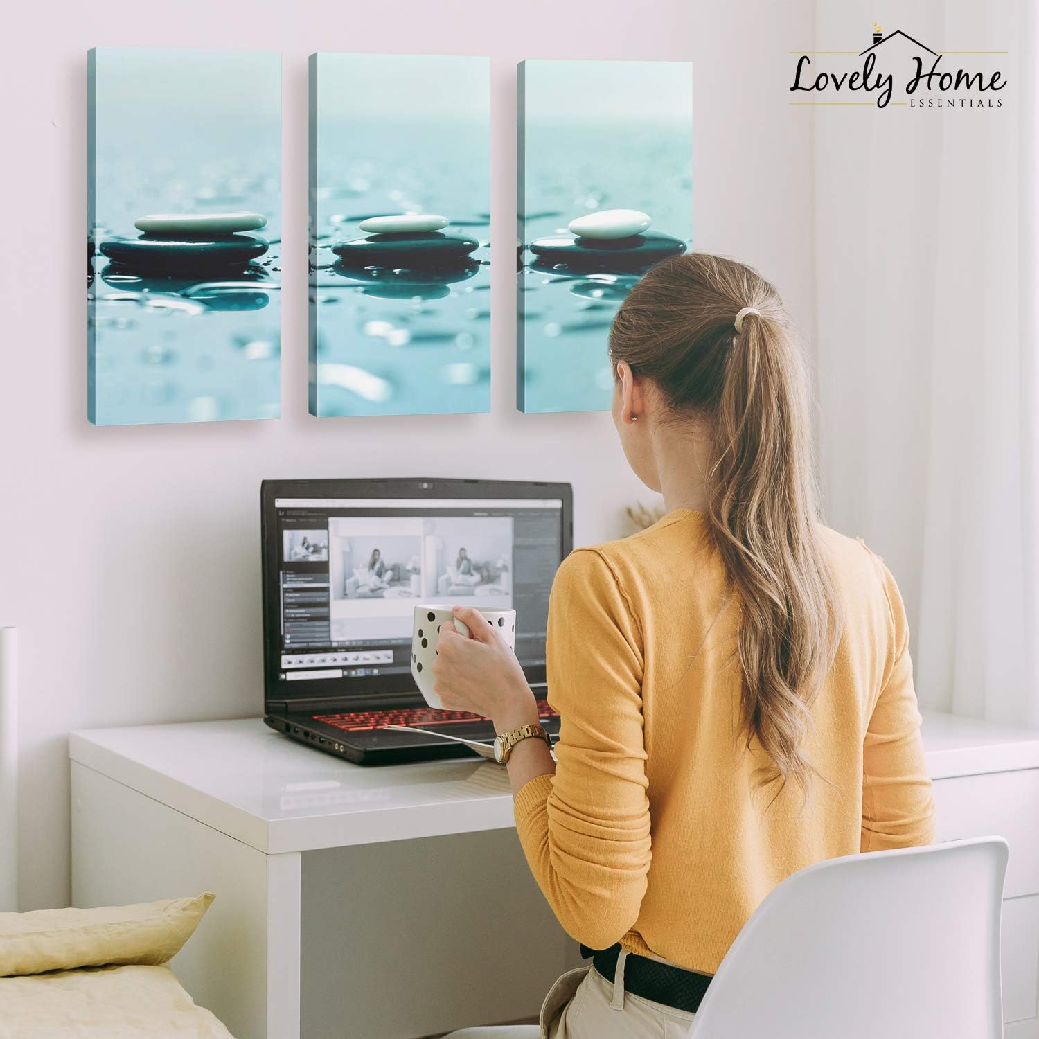Arte de pared Zen con piedras de 24 x 36 pulgadas, lienzo para decoración de pared zen, arte de pared calmante de 3 paneles, arte de pared relajante