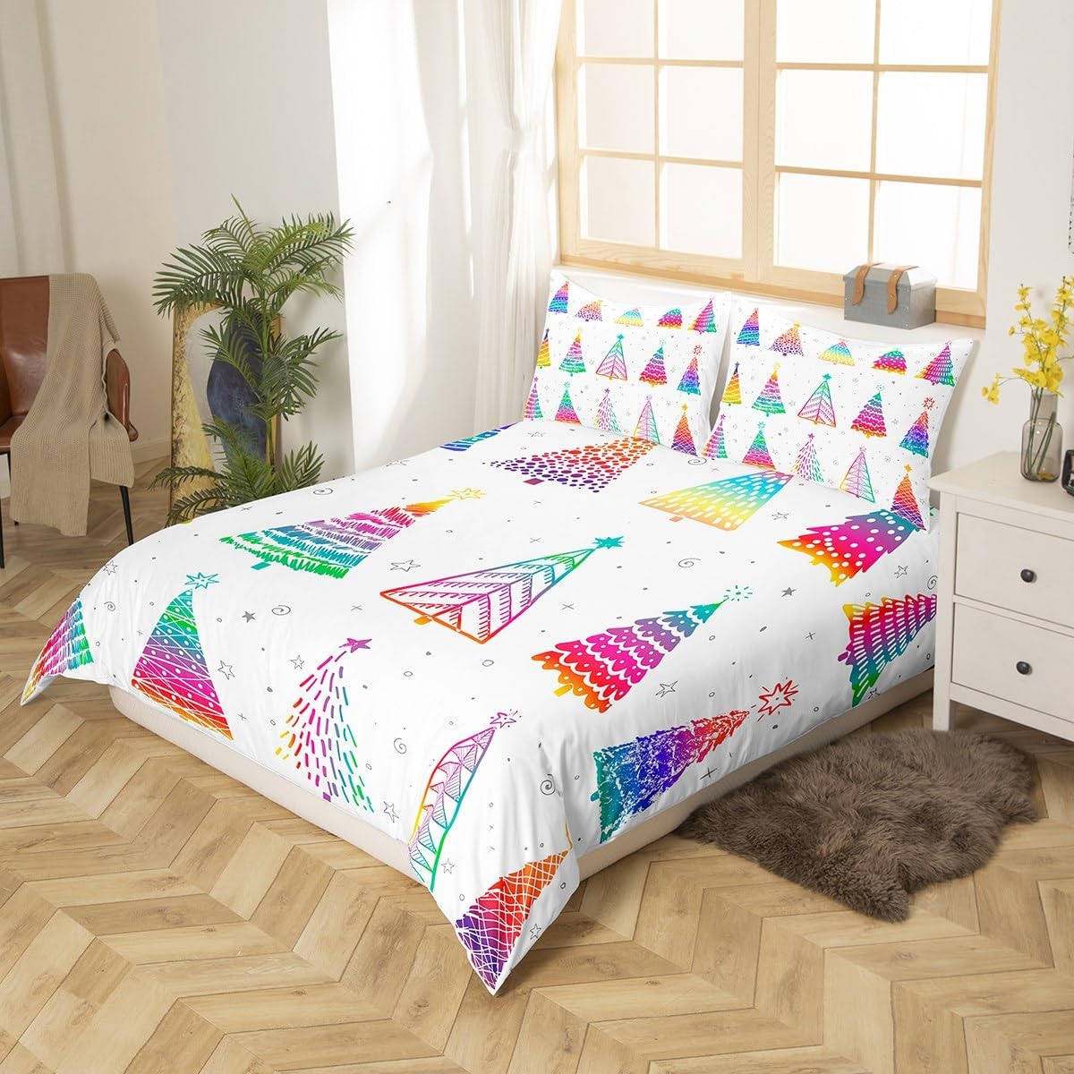 Erosebridal Funda de edredón de árbol de Navidad, decoración de Navidad en acuarela, juego de ropa de cama de Navidad, regalo de arcoíris para